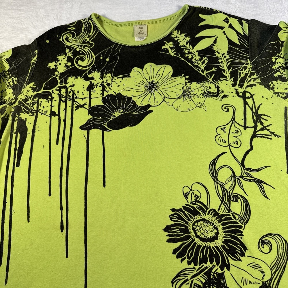 Jess &‎ Jane 3X Canon Flower Rhinestone Floral Top Black Green USA Cotton